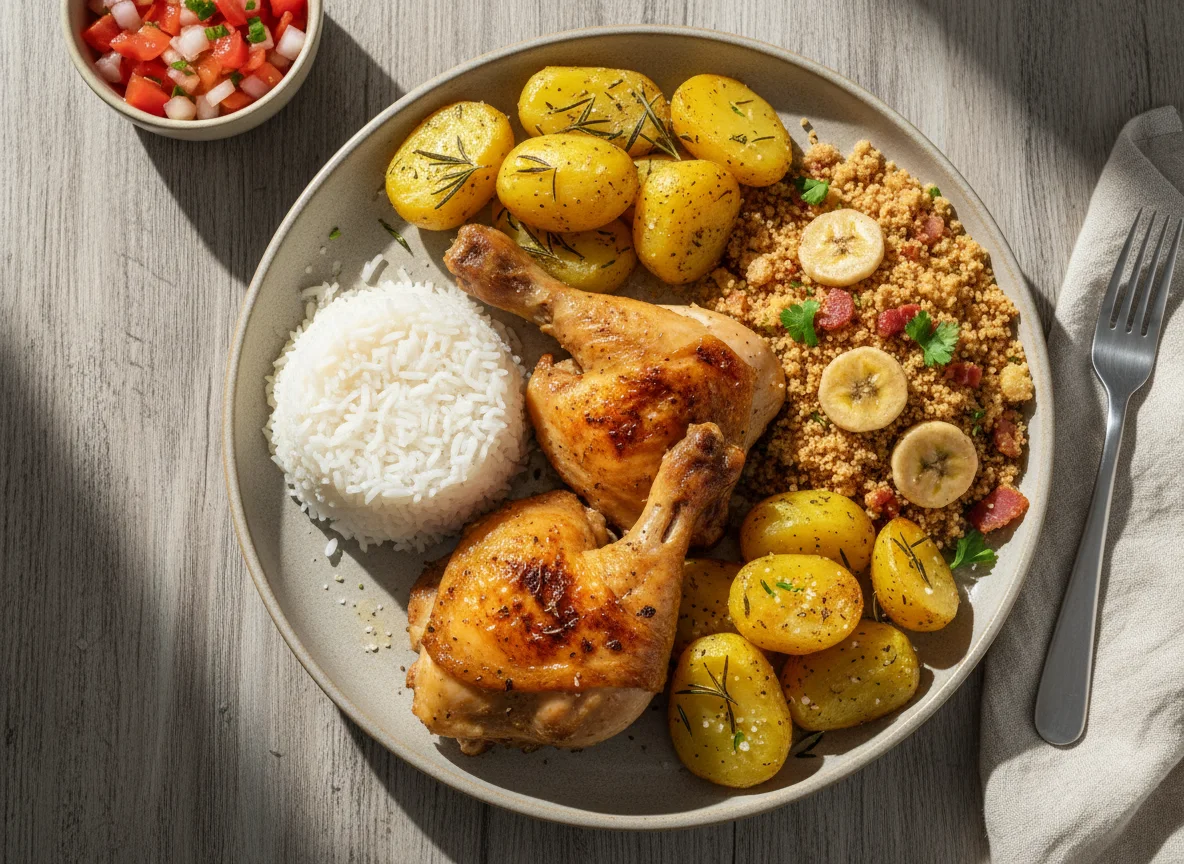 Frango assado com batatas e farofa photo
