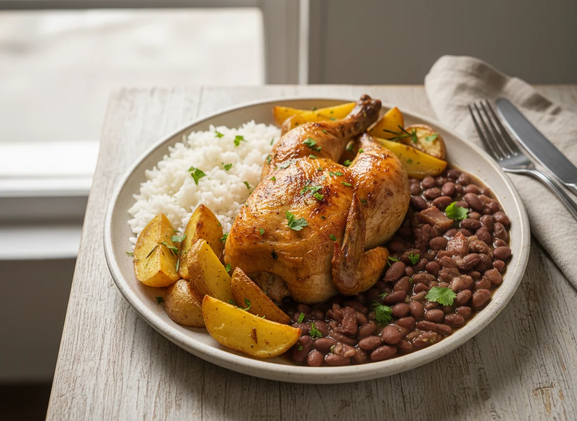Frango assado com batatas e feijão com arroz photo