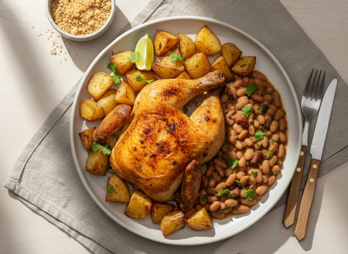 Frango assado com batatas e feijão photo