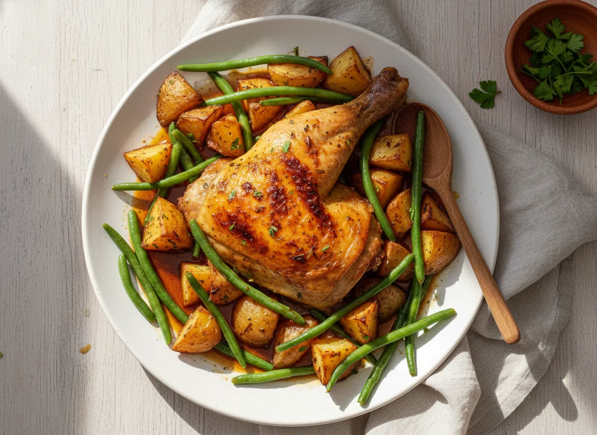 Frango assado com batatas e legumes photo