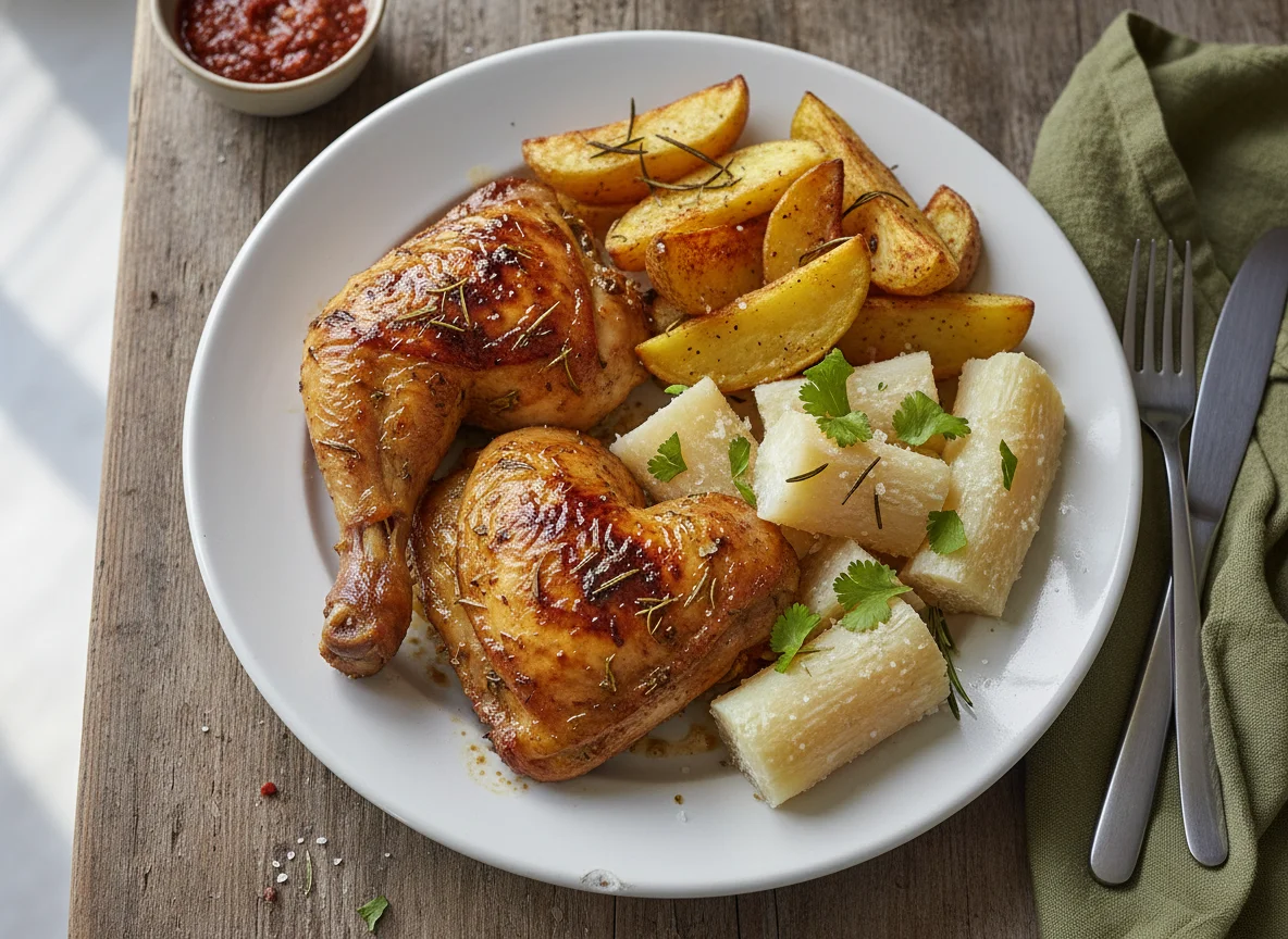 Frango assado com batatas e mandioca cozida photo