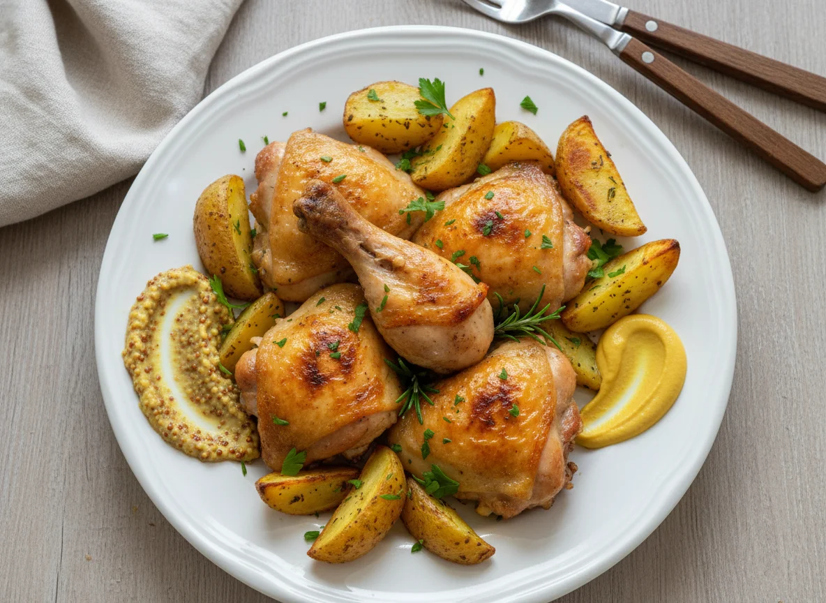 Frango assado com batatas e mostarda photo