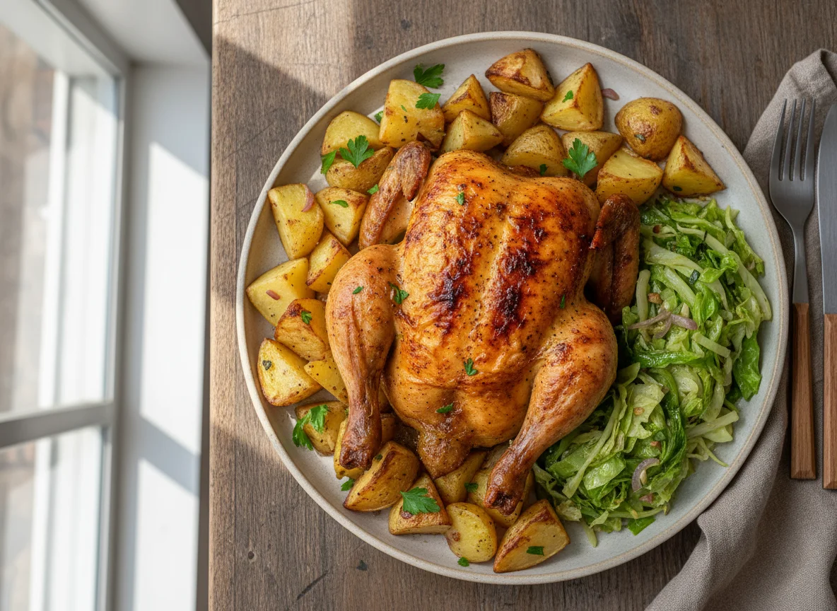 Frango assado com batatas e repolho refogado photo