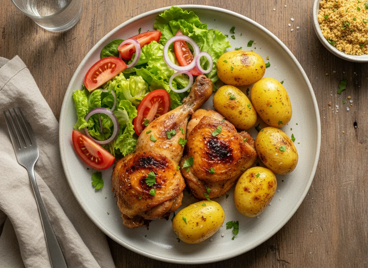 Frango assado com batatas e salada photo
