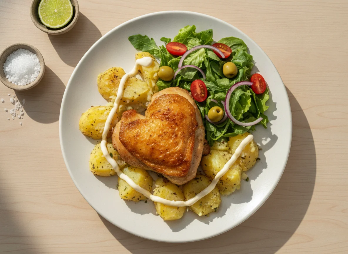 Frango assado com batatas e salada mista photo
