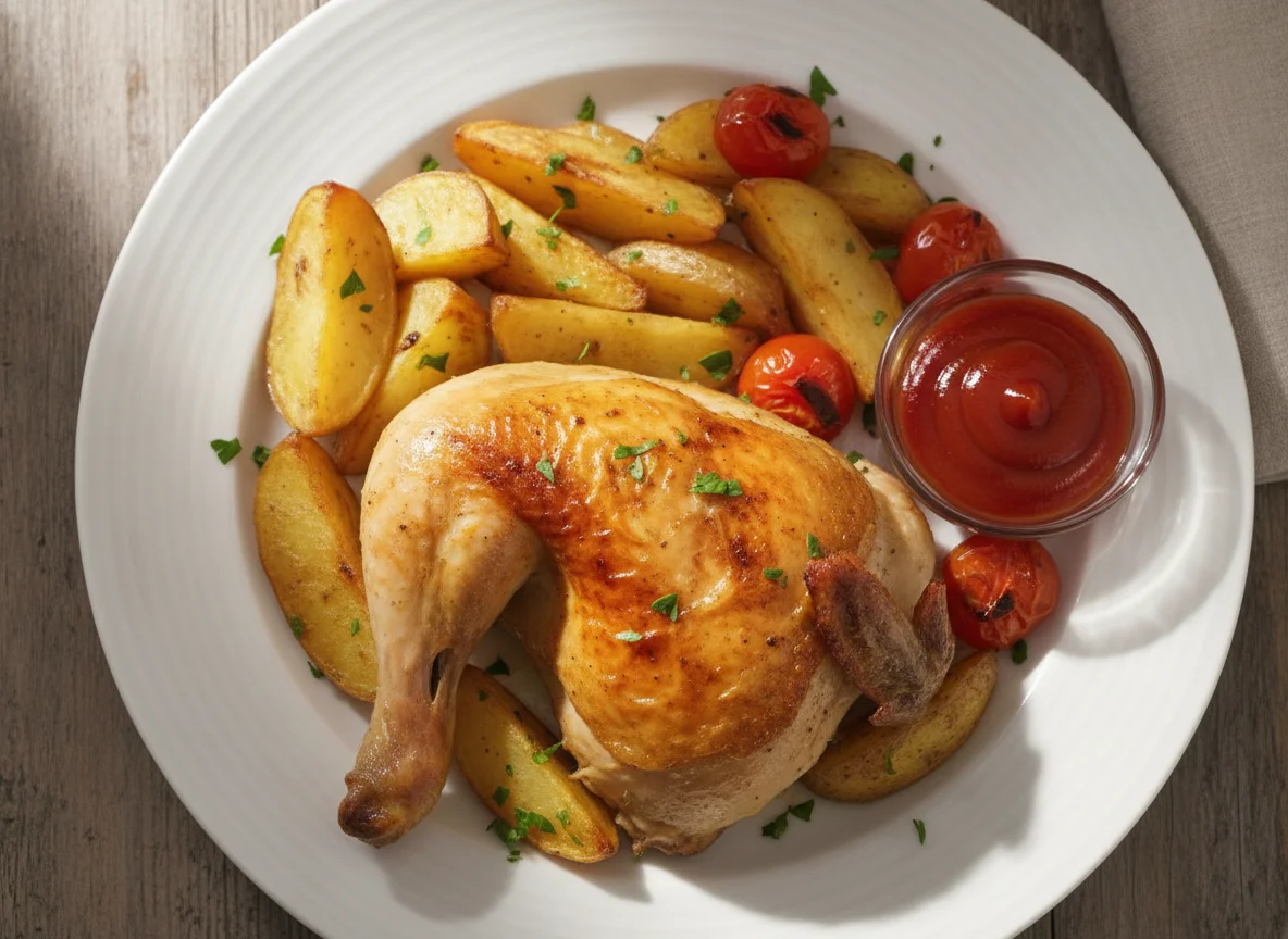 Frango assado com batatas e tomate photo