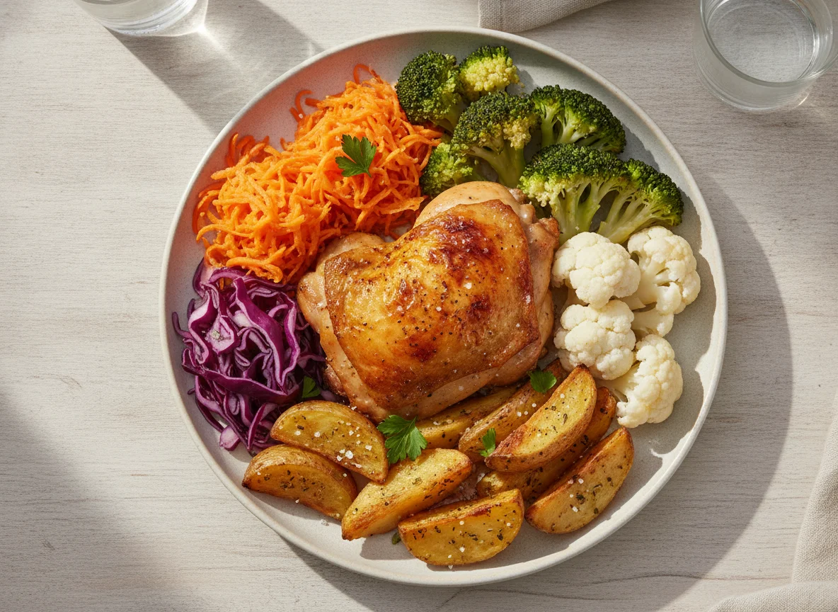 Frango assado com batatas e vegetais photo