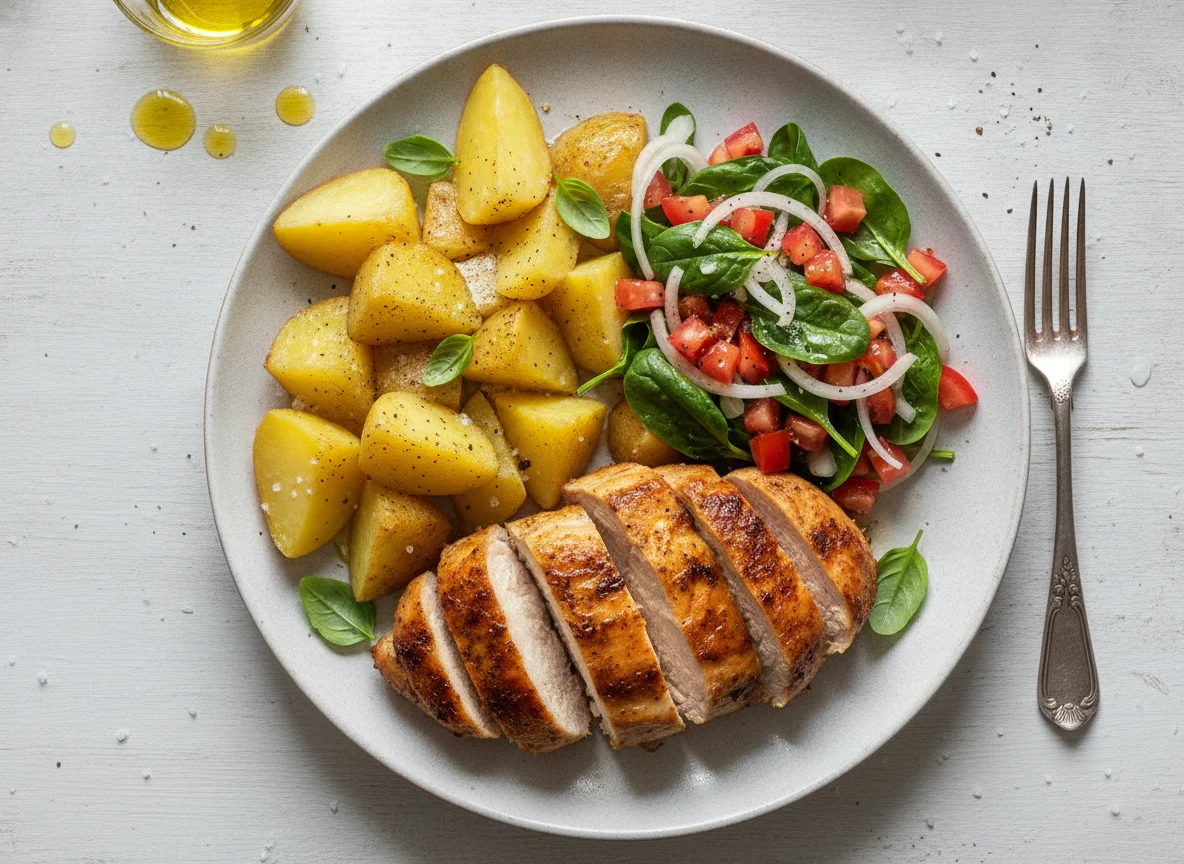 Frango assado com batatas e vinagrete photo