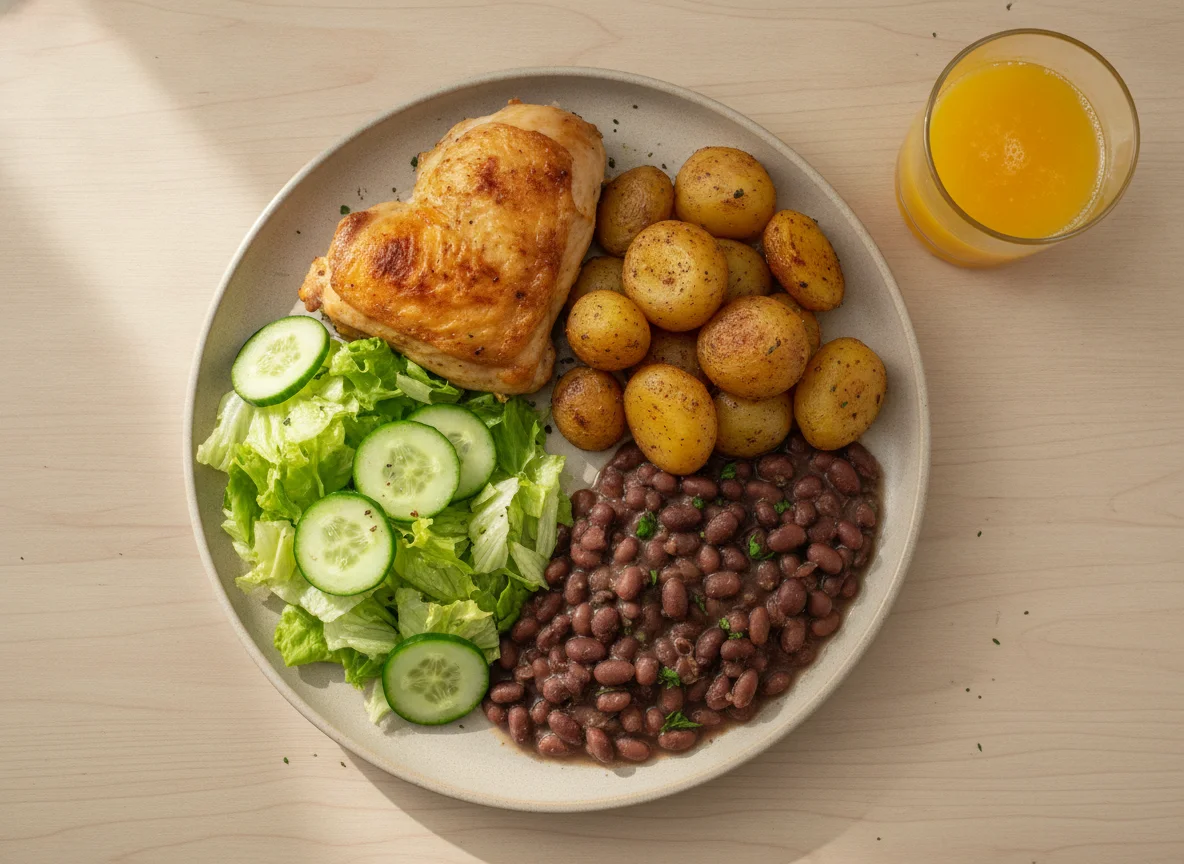 Frango assado com batatas, feijão, salada e suco de laranja photo