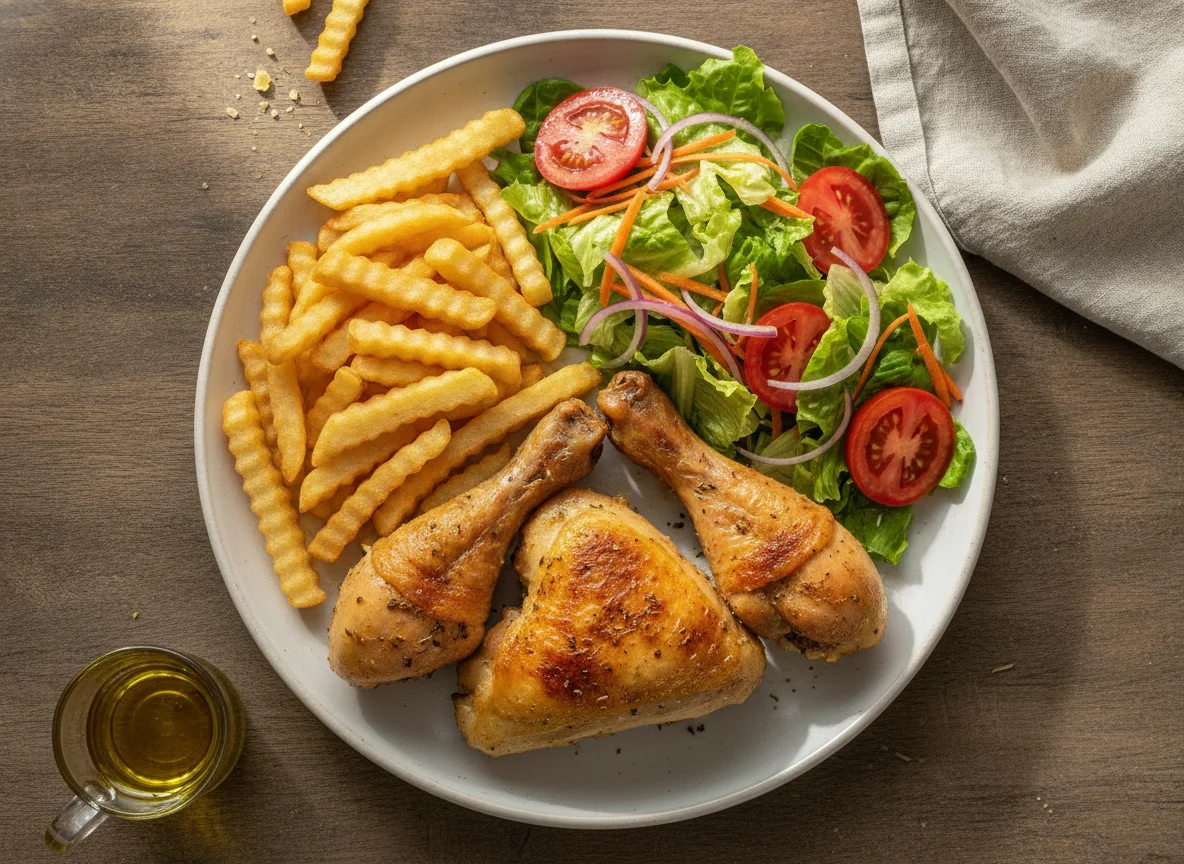Frango assado com batatas fritas e salada mista photo