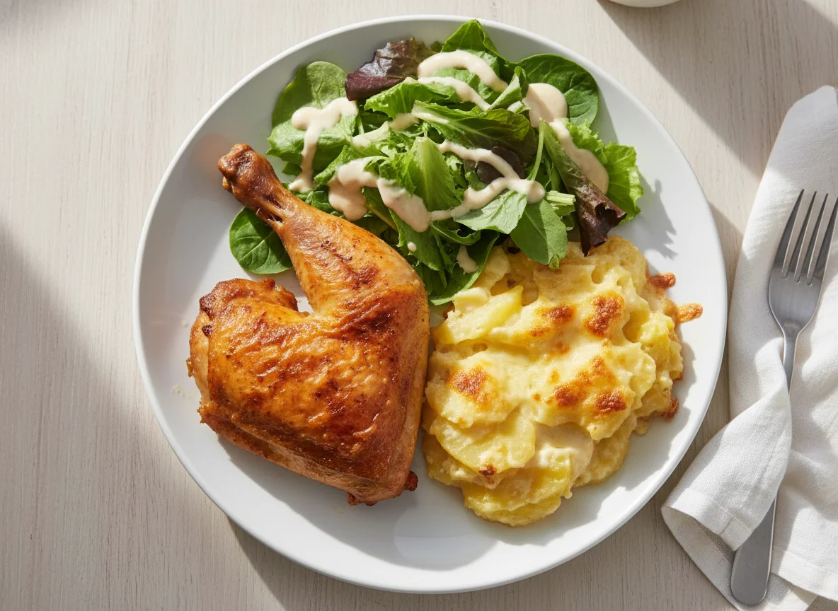 Frango assado com batatas gratinadas e salada photo