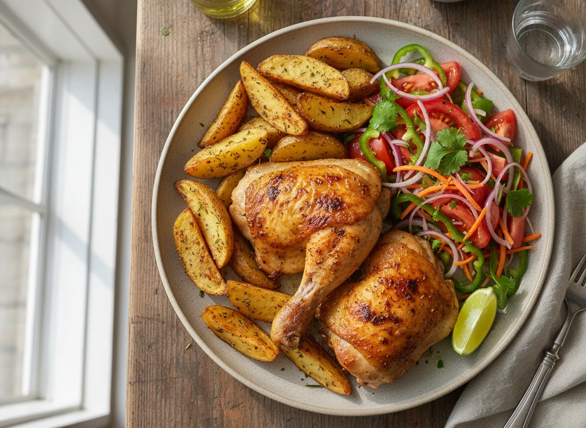 Frango assado com batatas rústicas e salada photo