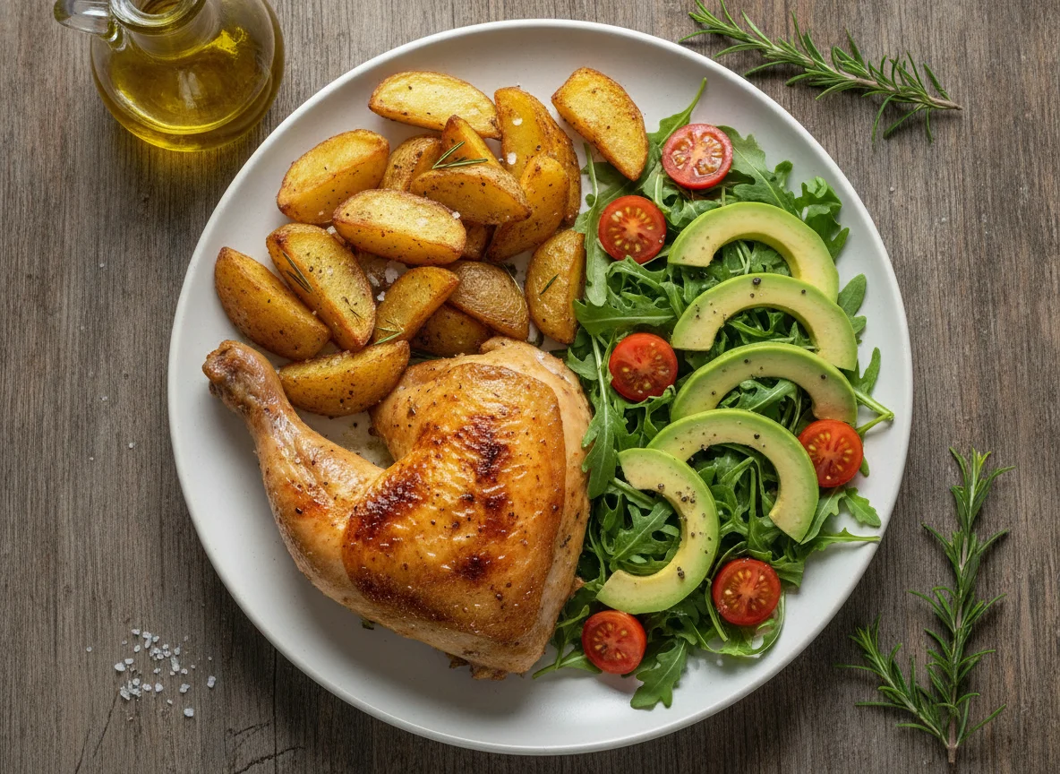 Frango assado com batatas rústicas e salada de abacate photo