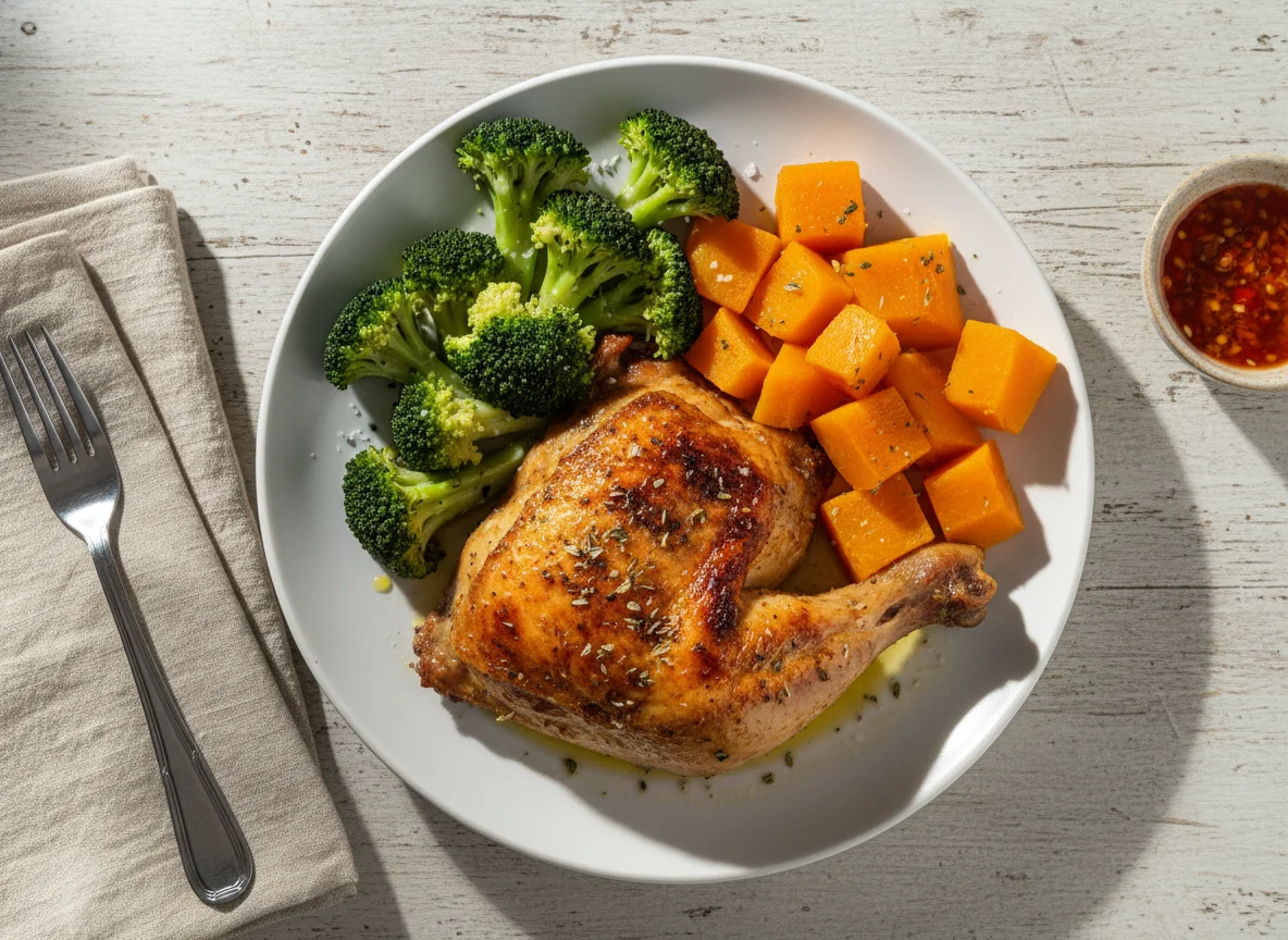 Frango assado com brócolis e abóbora cozida photo