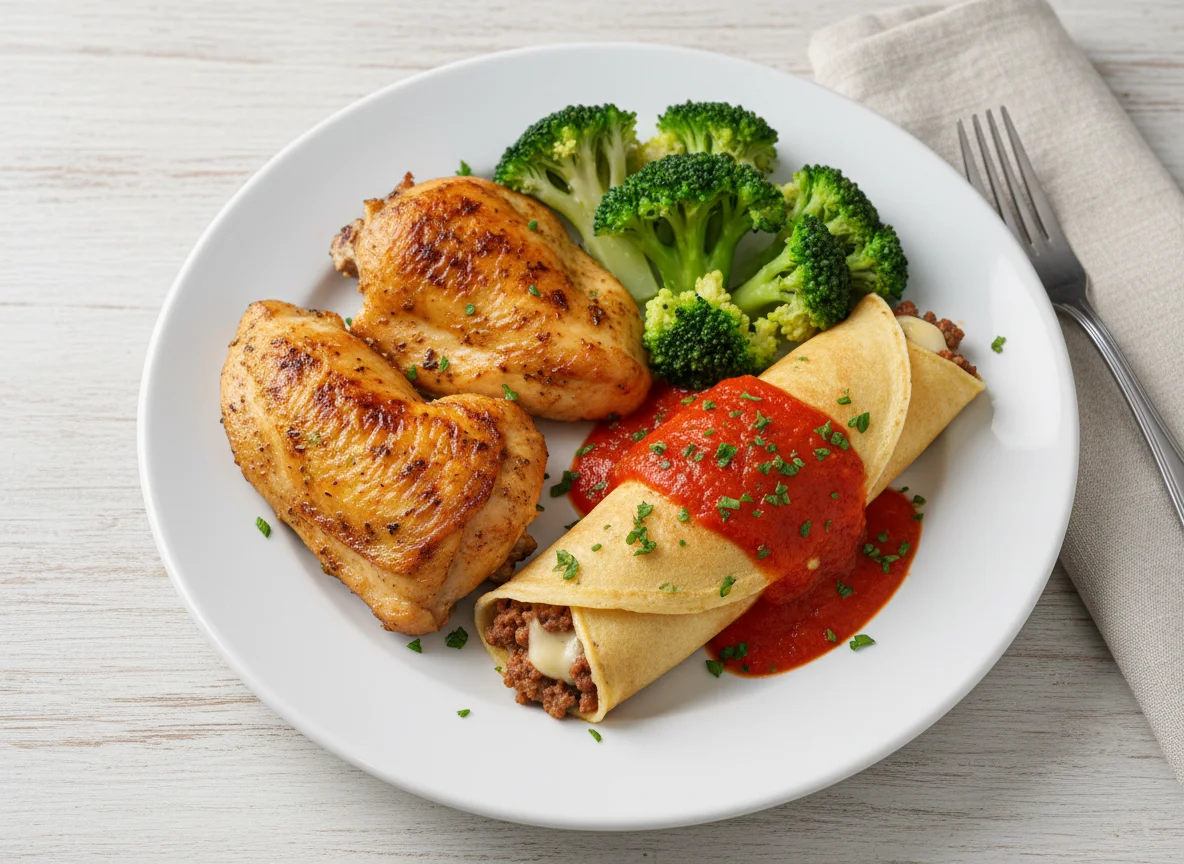 Frango assado com brócolis e panqueca photo