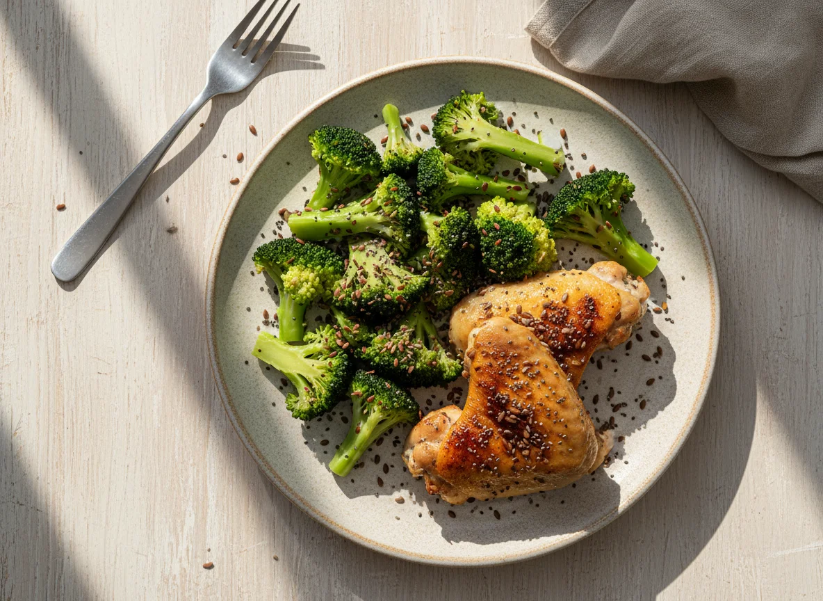 Frango assado com brócolis e sementes photo