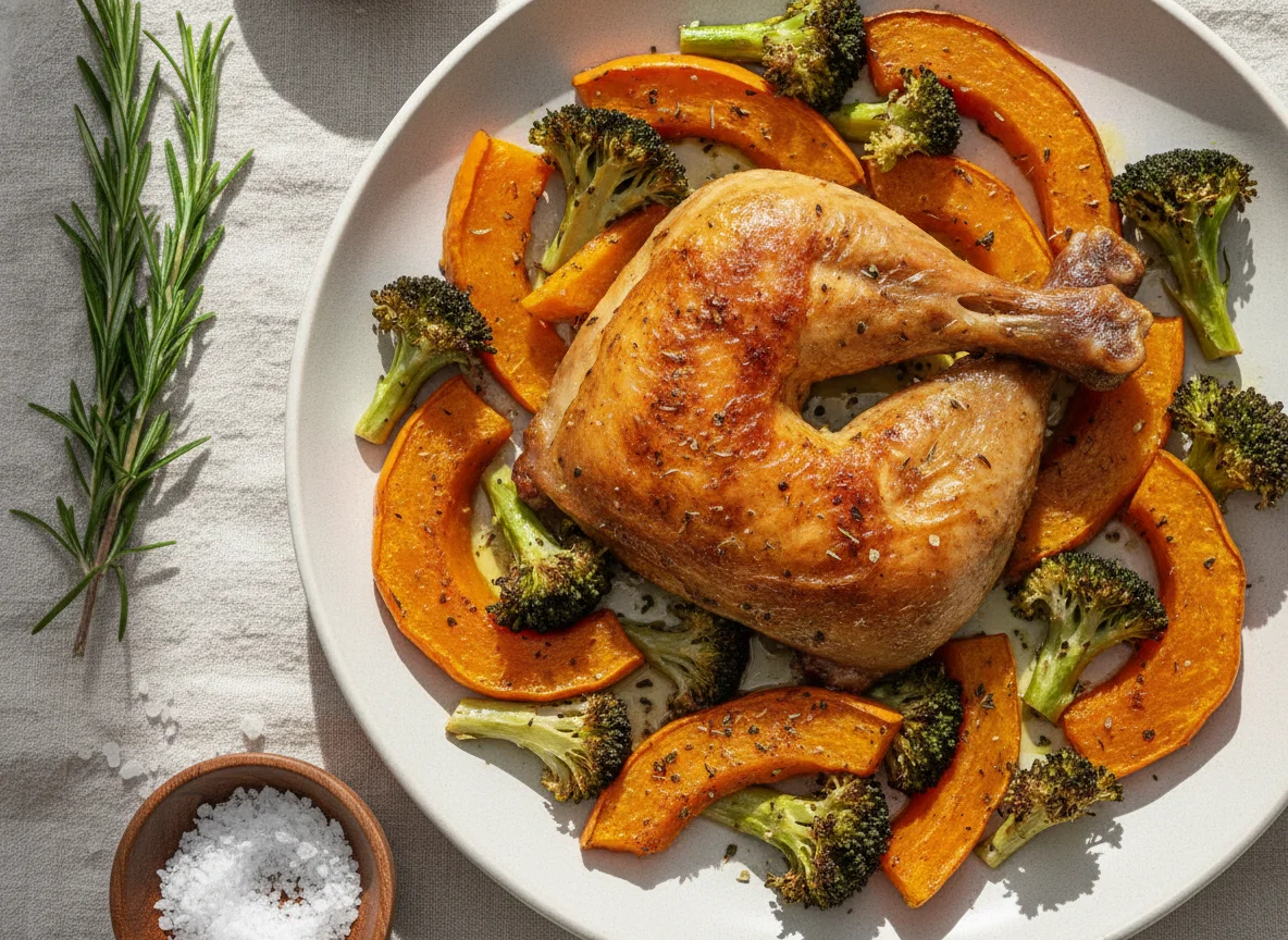 Frango assado com brócolos e abóbora photo