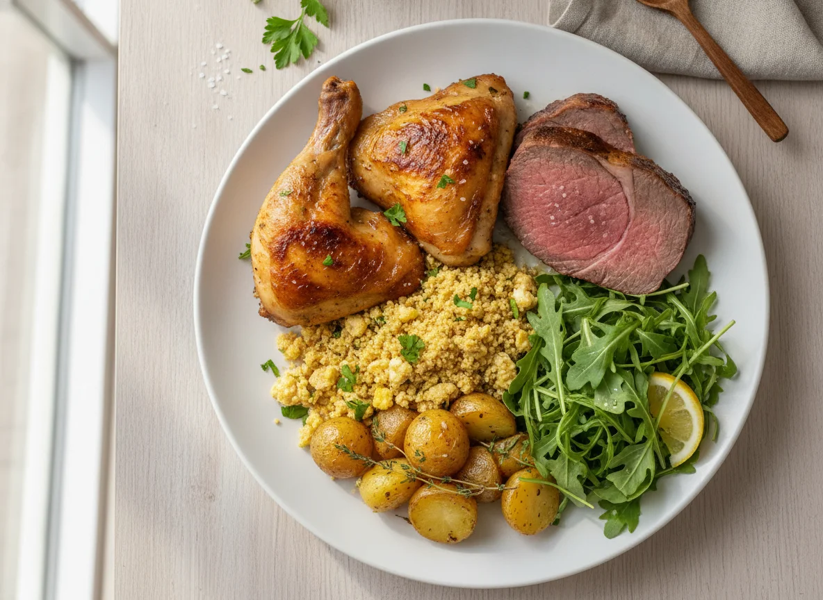 Frango assado com carne bovina, farofa e salada photo
