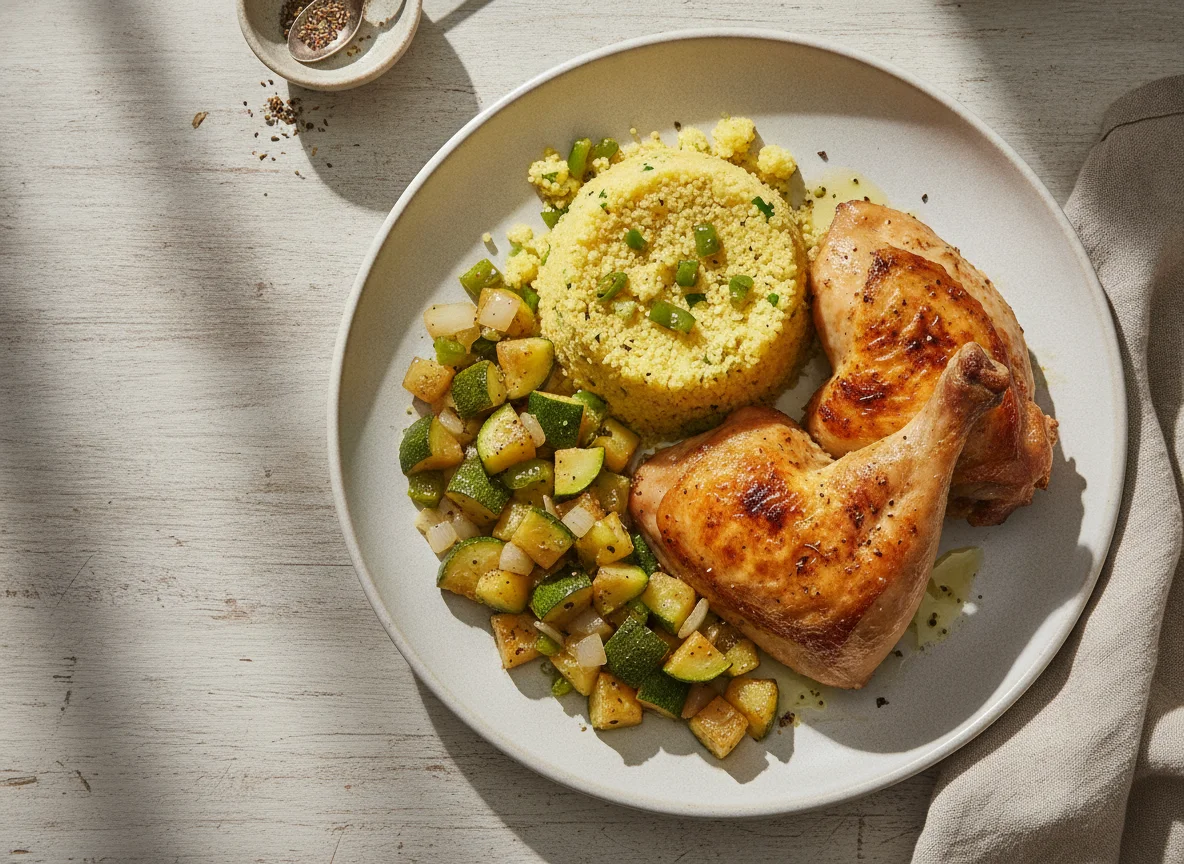 Frango assado com cuscuz de milho e legumes photo