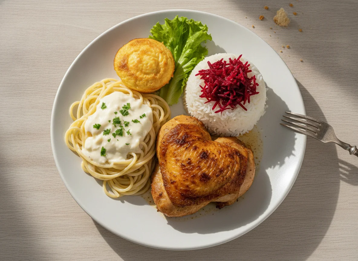 Frango assado com espaguete, arroz e beterraba photo