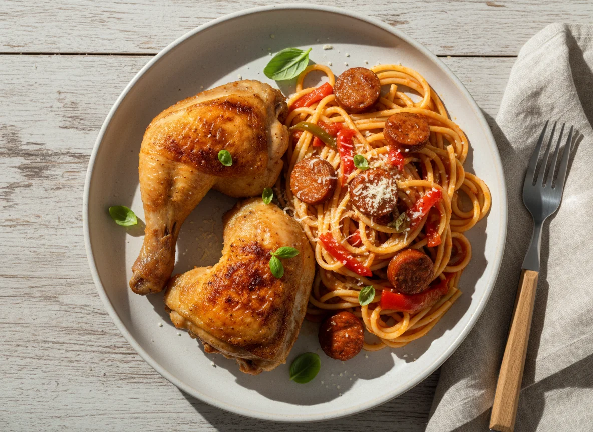 Frango assado com espaguete e molho photo