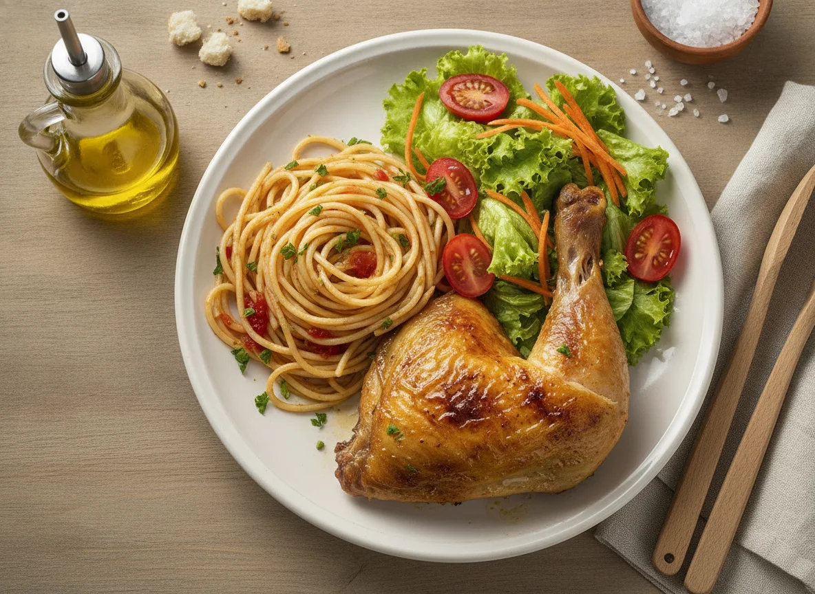 Frango assado com espaguete e salada photo