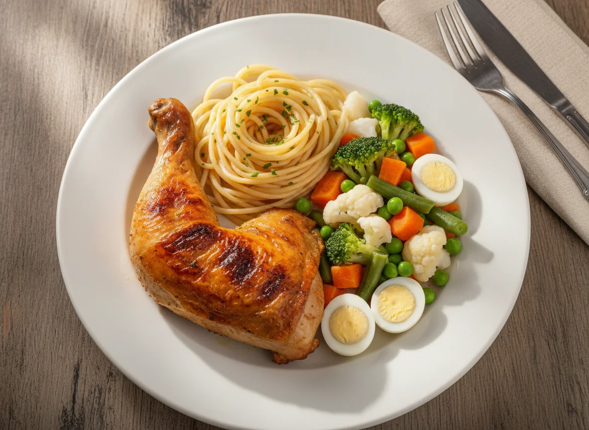 Frango assado com espaguete e seleta de legumes photo
