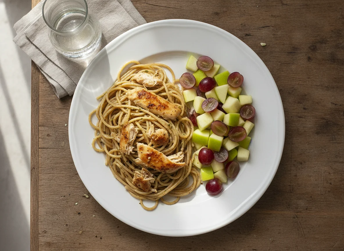 Frango assado com esparguete integral e salada de fruta photo