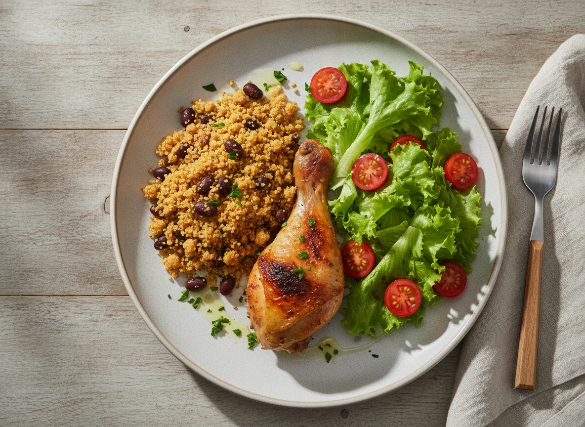 Frango assado com farofa e salada photo