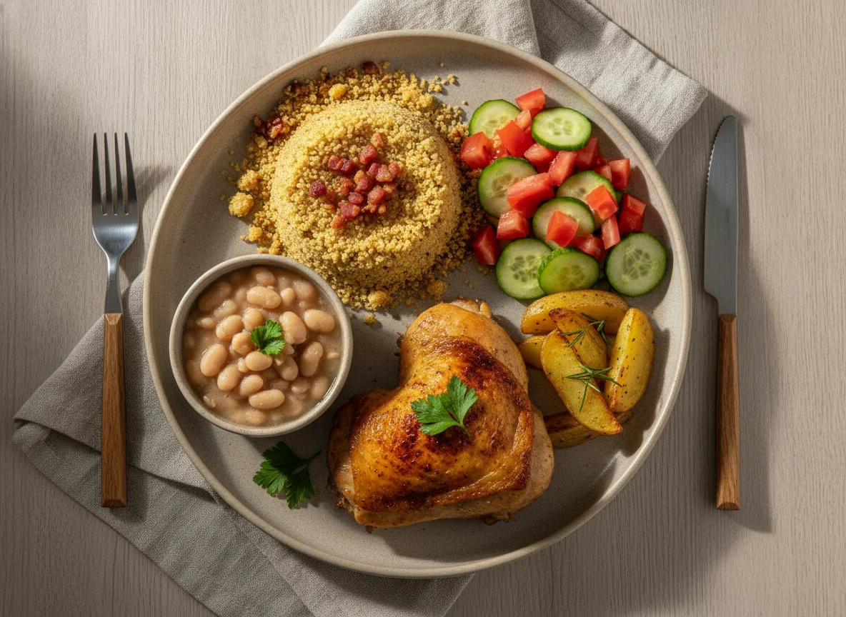 Frango assado com farofa, feijão branco e salada photo