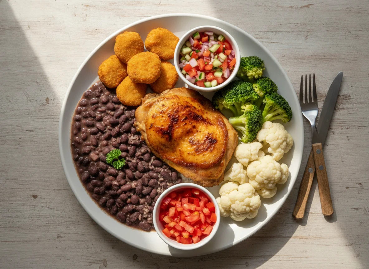 Frango assado com feijão preto, brócolis e acompanhamentos photo