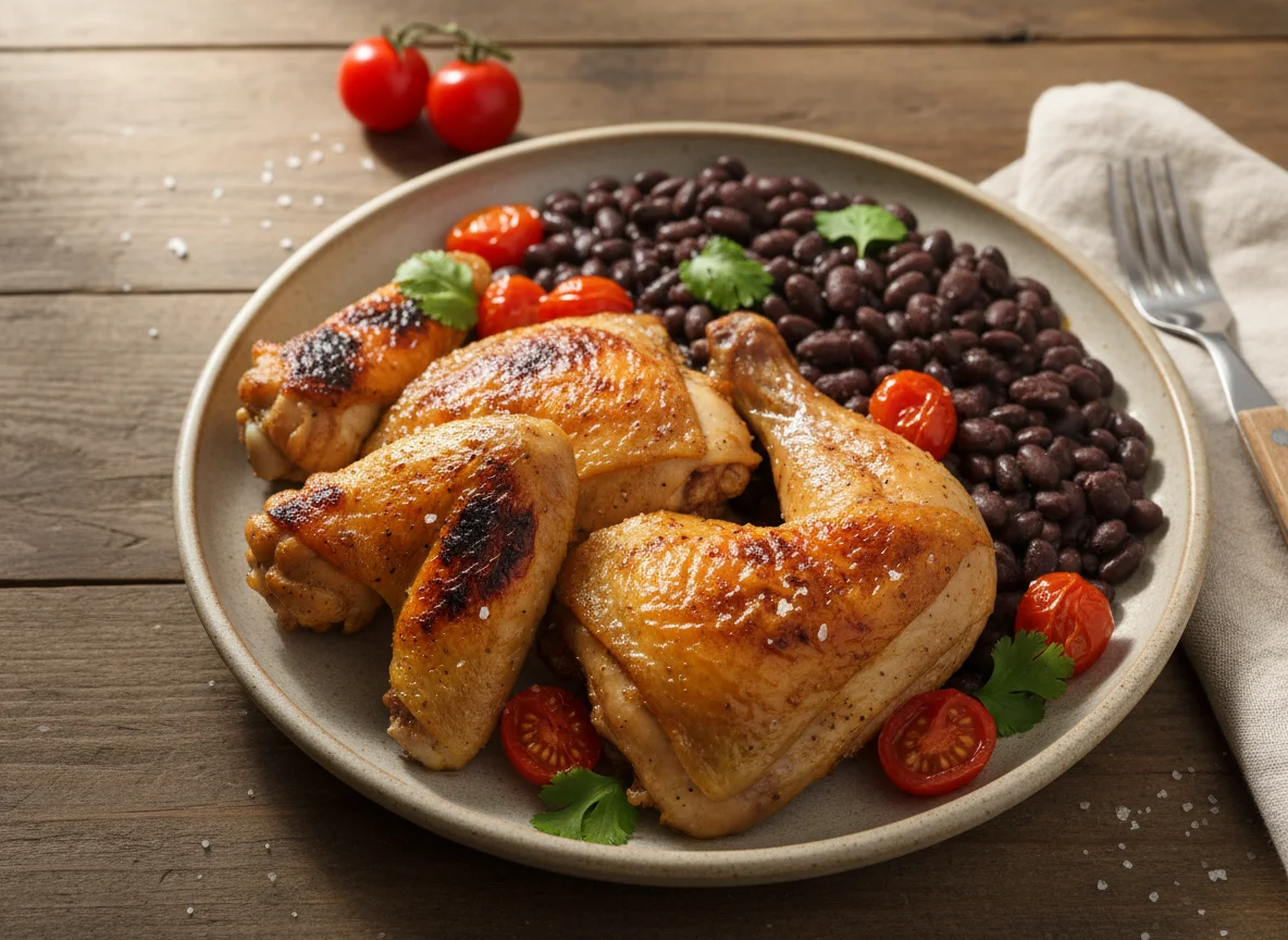 Frango assado com feijão preto e tomate cereja photo
