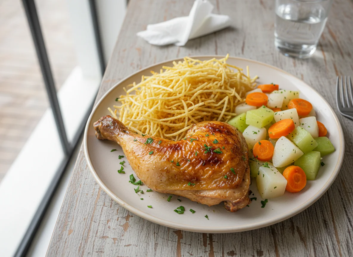 Frango assado com legumes e batata palha photo