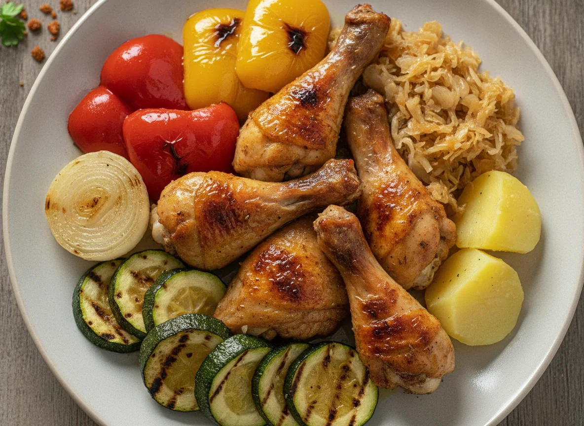 Frango assado com legumes e chucrute photo