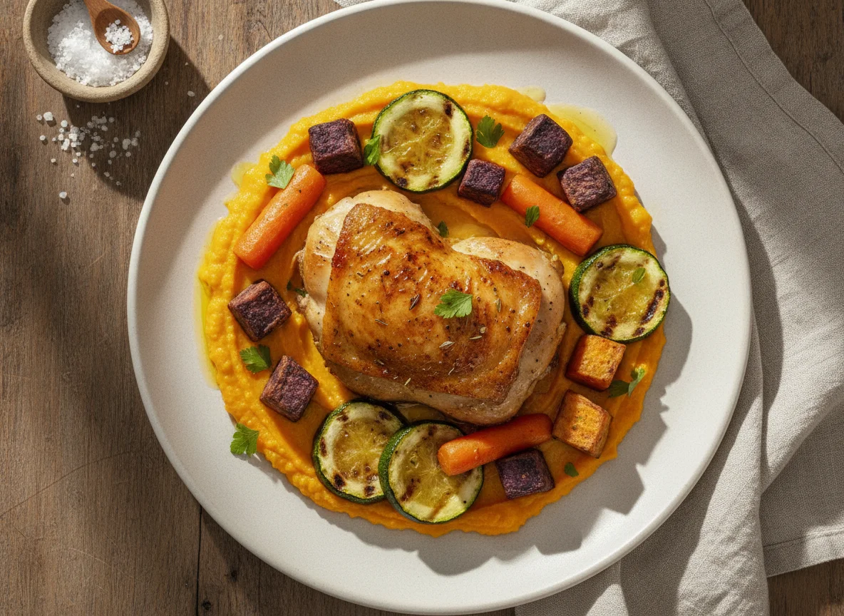 Frango assado com legumes e purê de abóbora photo