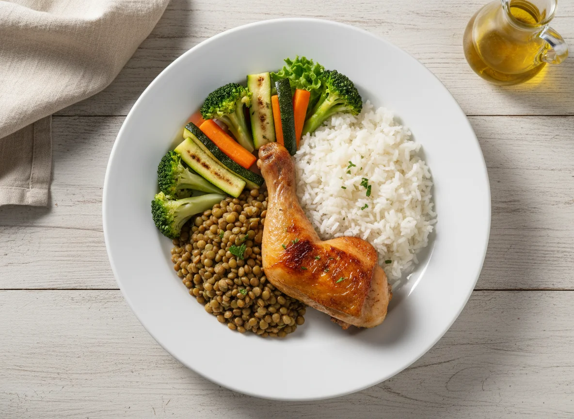 Frango assado com lentilha, arroz e vegetais photo