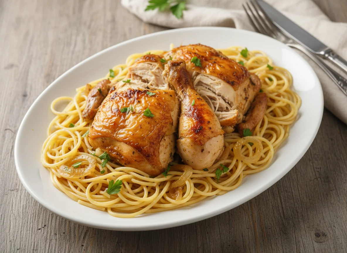 Frango assado com macarrão photo