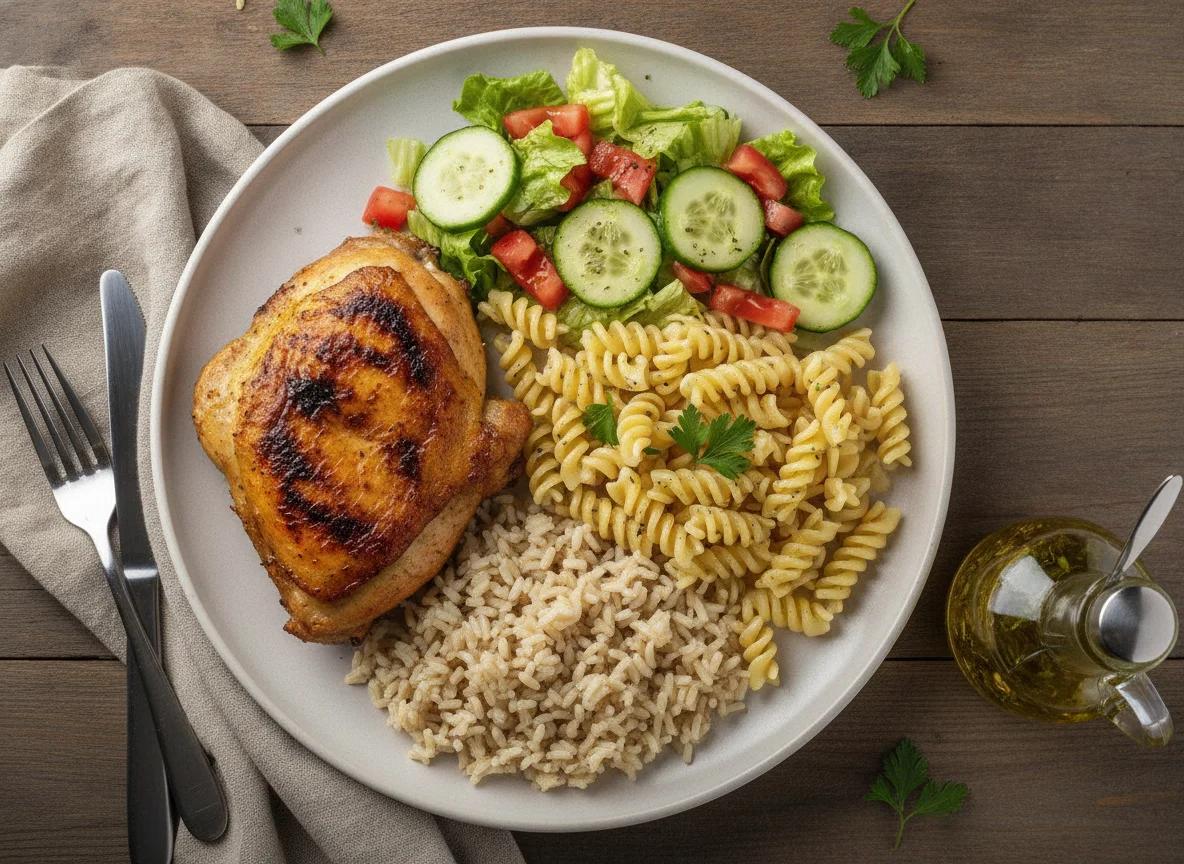 Frango assado com macarrão, arroz integral e salada photo