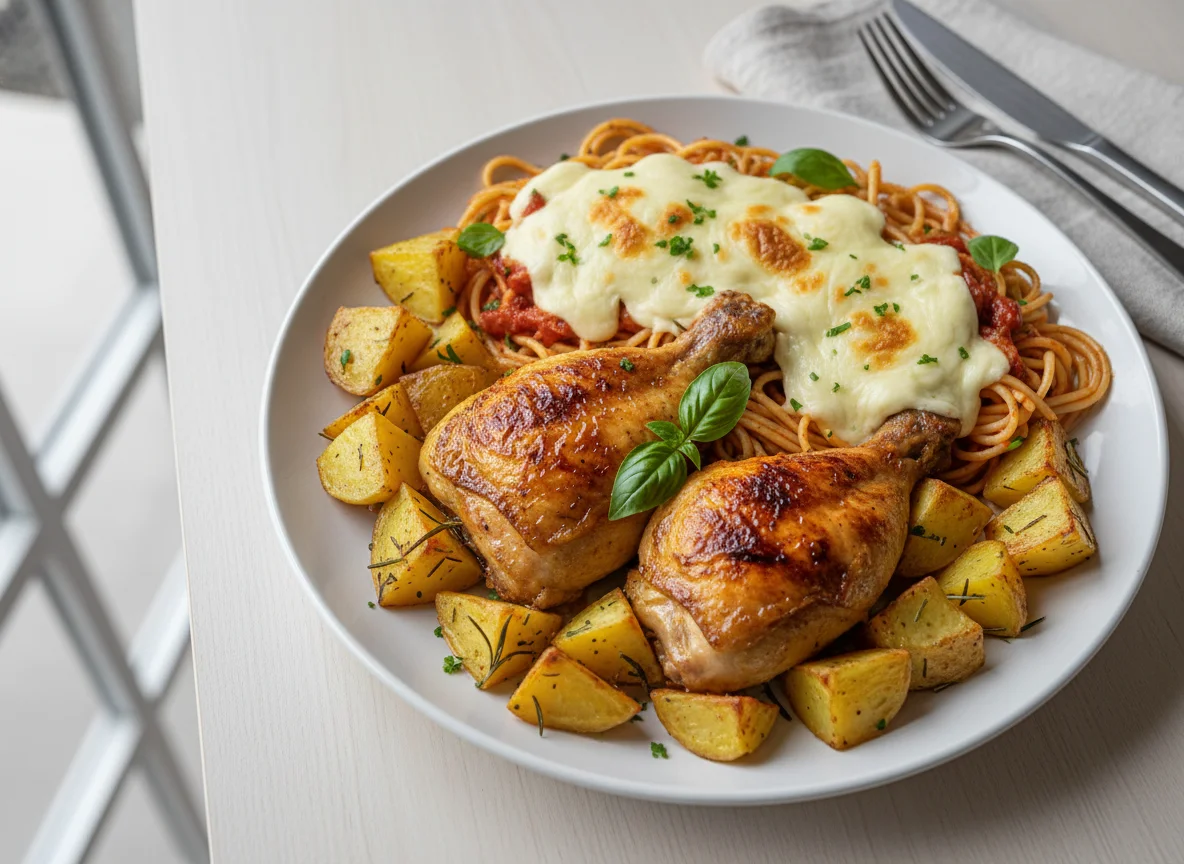 Frango assado com macarrão, batata e queijo photo