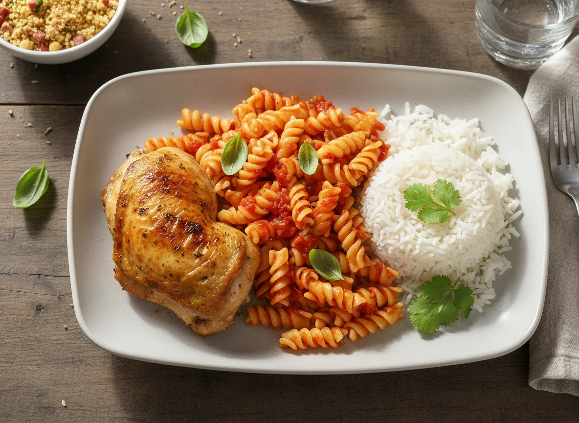 Frango assado com macarrão e arroz photo