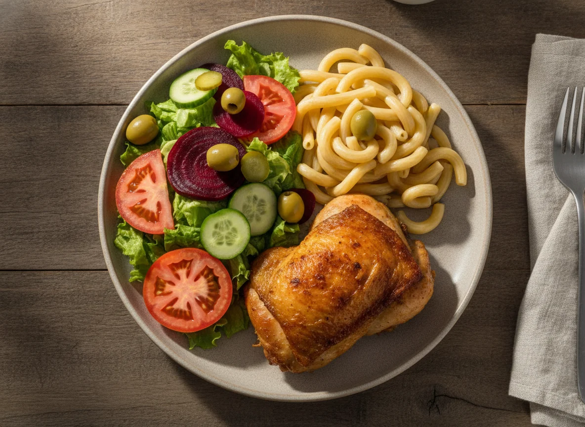 Frango assado com macarrão e salada photo