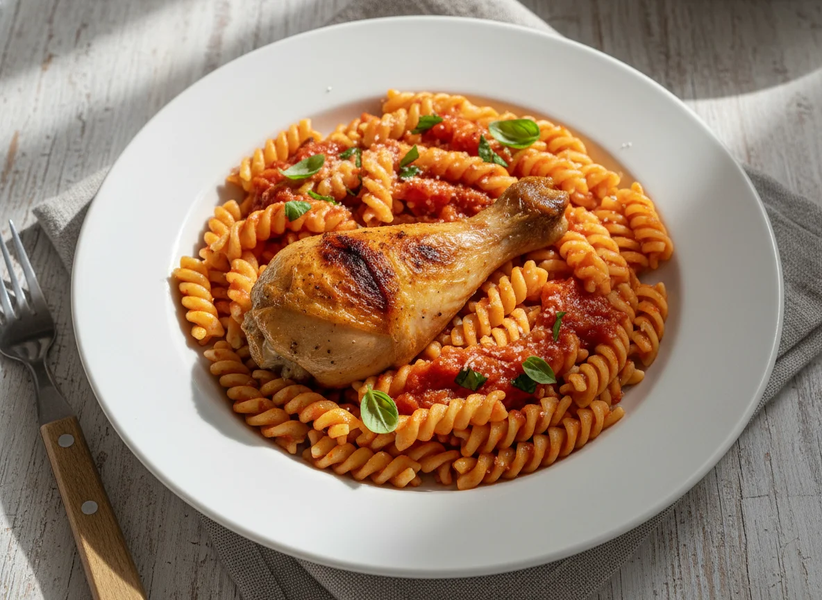 Frango assado com macarrão parafuso ao molho photo