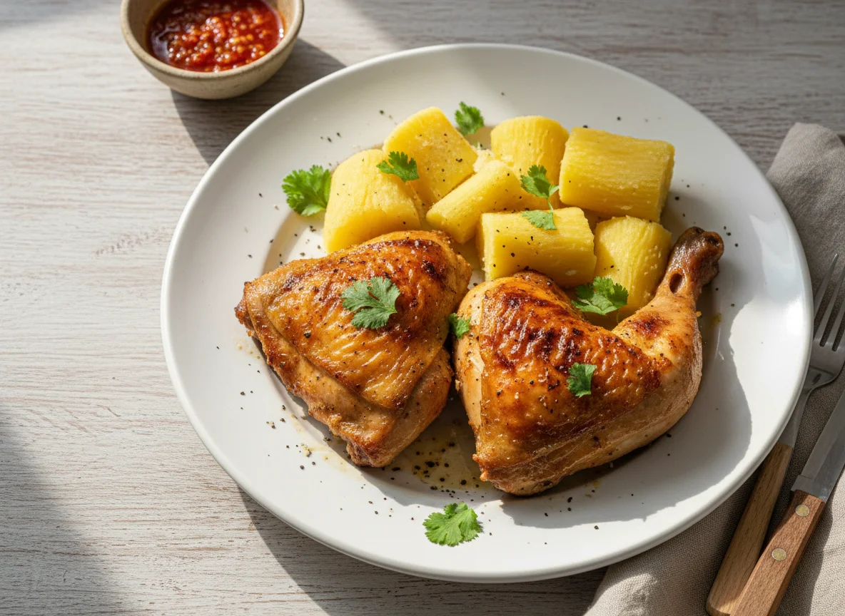 Frango assado com mandioca cozida photo