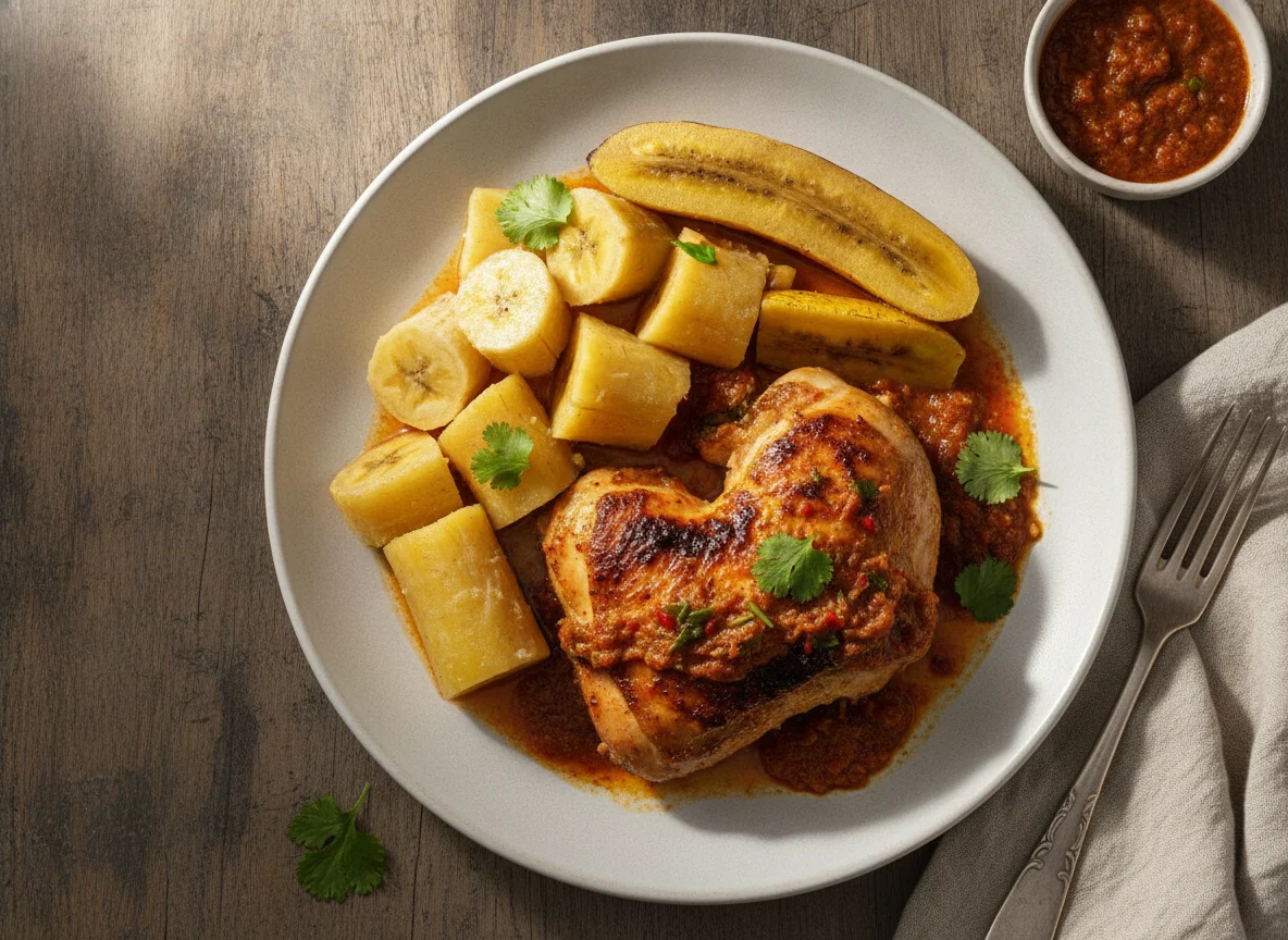 Frango assado com mandioca e banana-da-terra photo