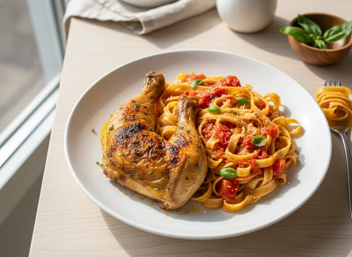 Frango assado com massa e molho de tomate photo