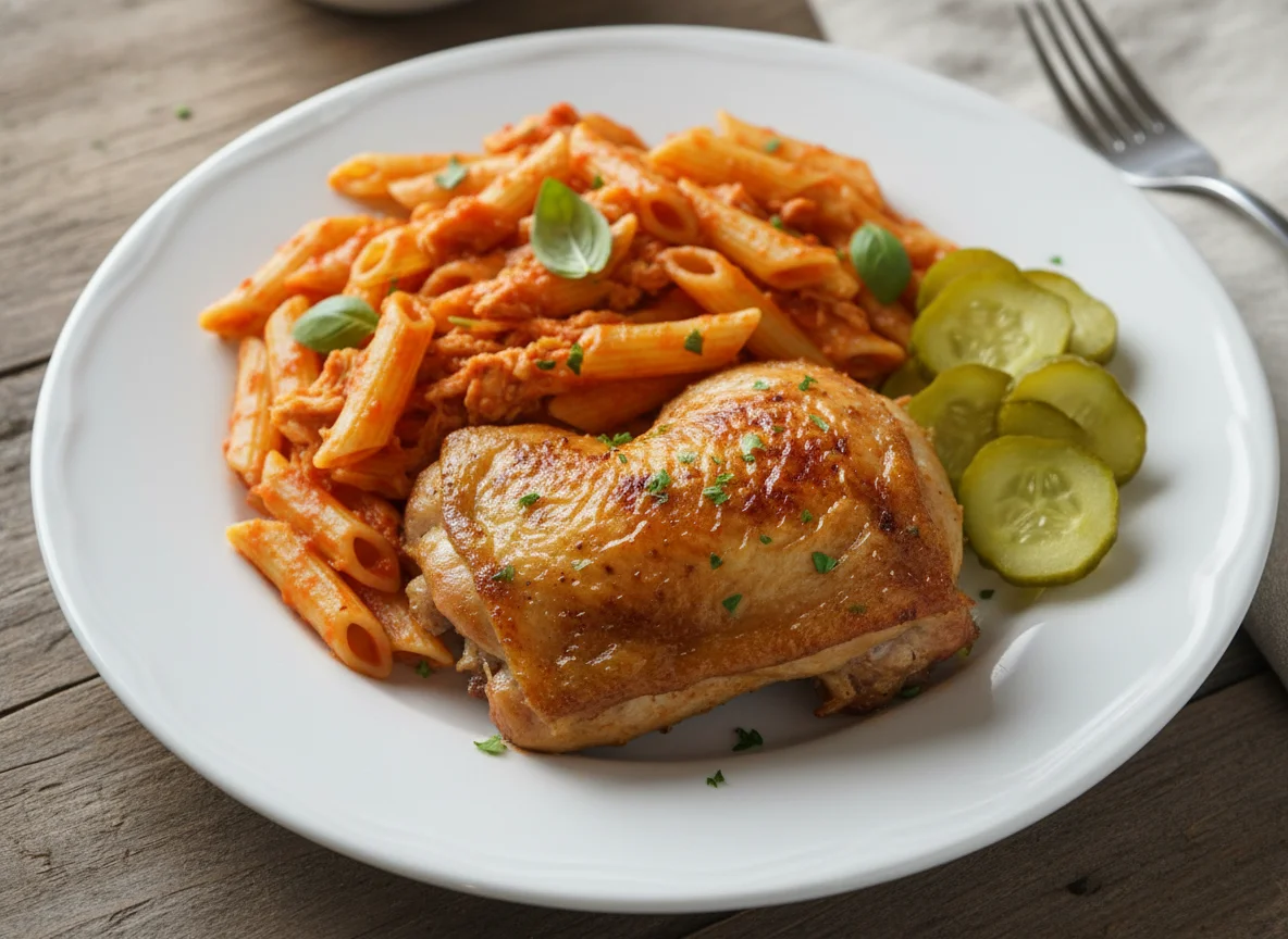 Frango assado com massa e picles photo
