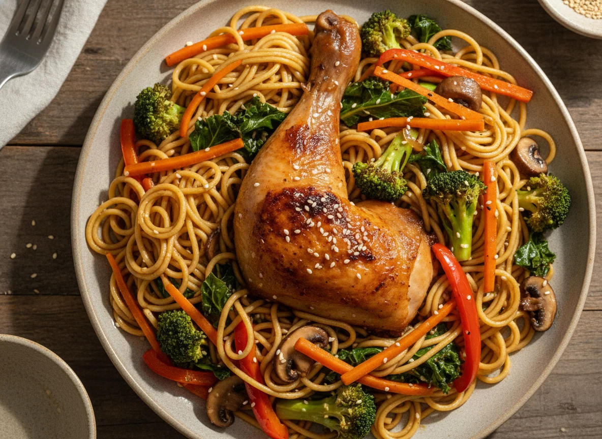 Frango Assado com Massa e Vegetais Salteados photo