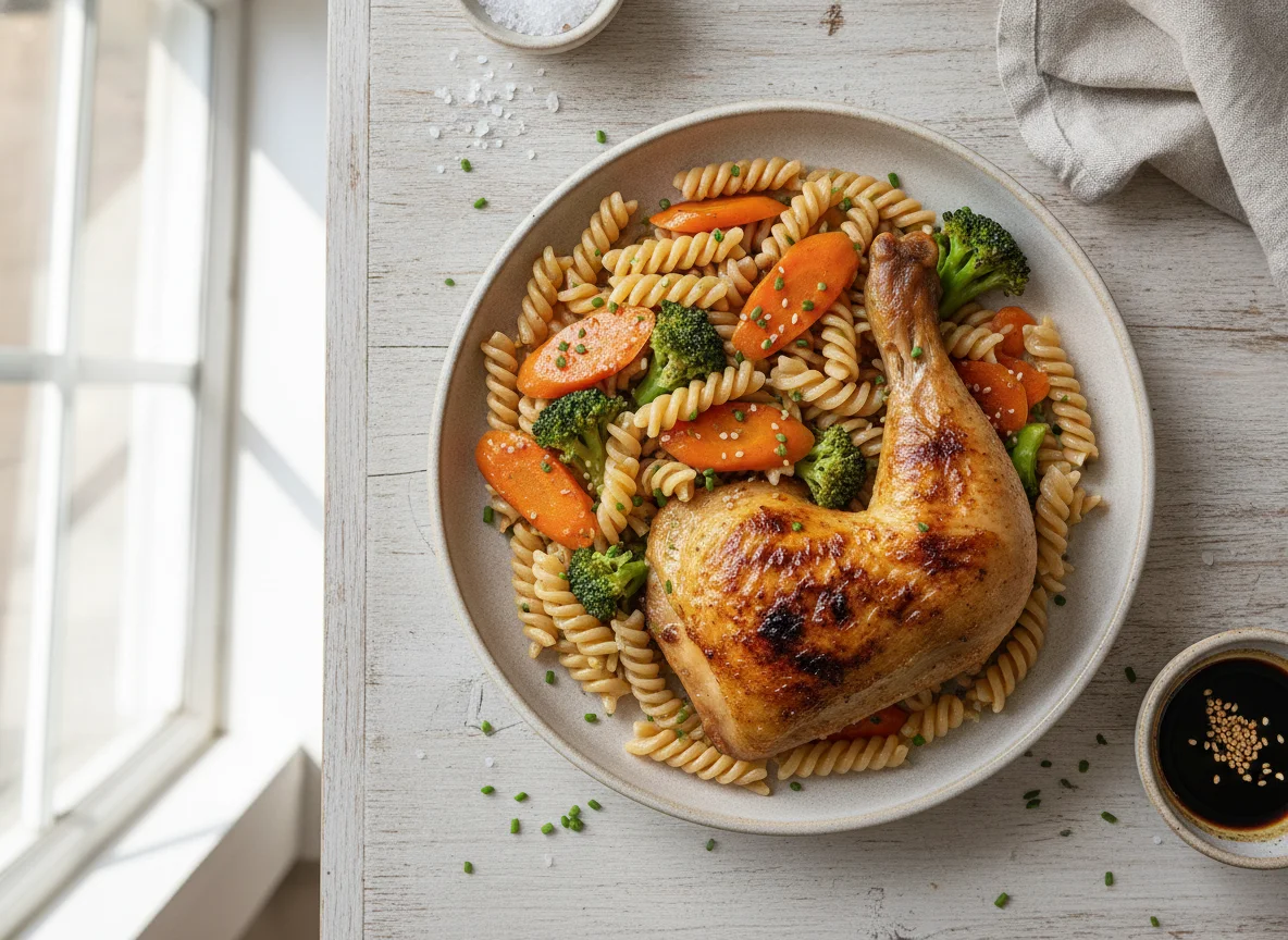 Frango assado com massa integral e vegetais photo