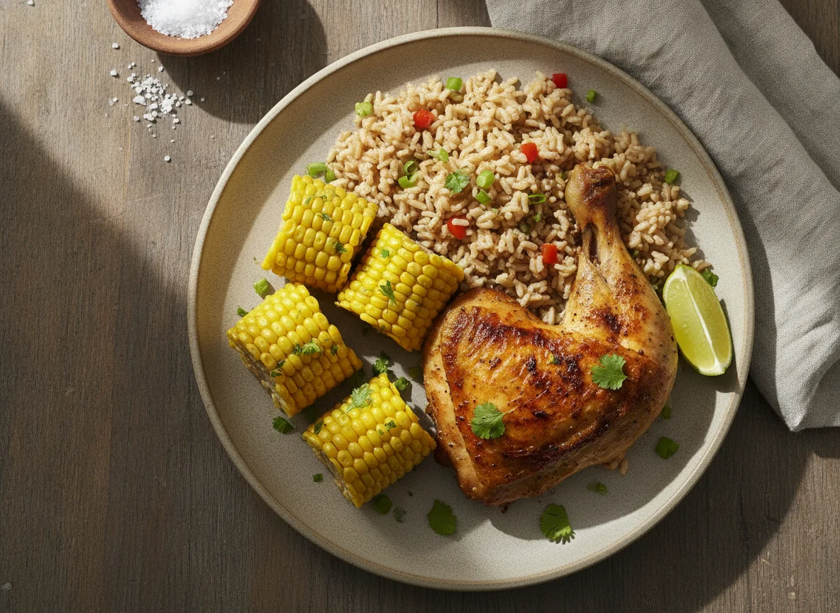 Frango assado com milho e arroz integral photo