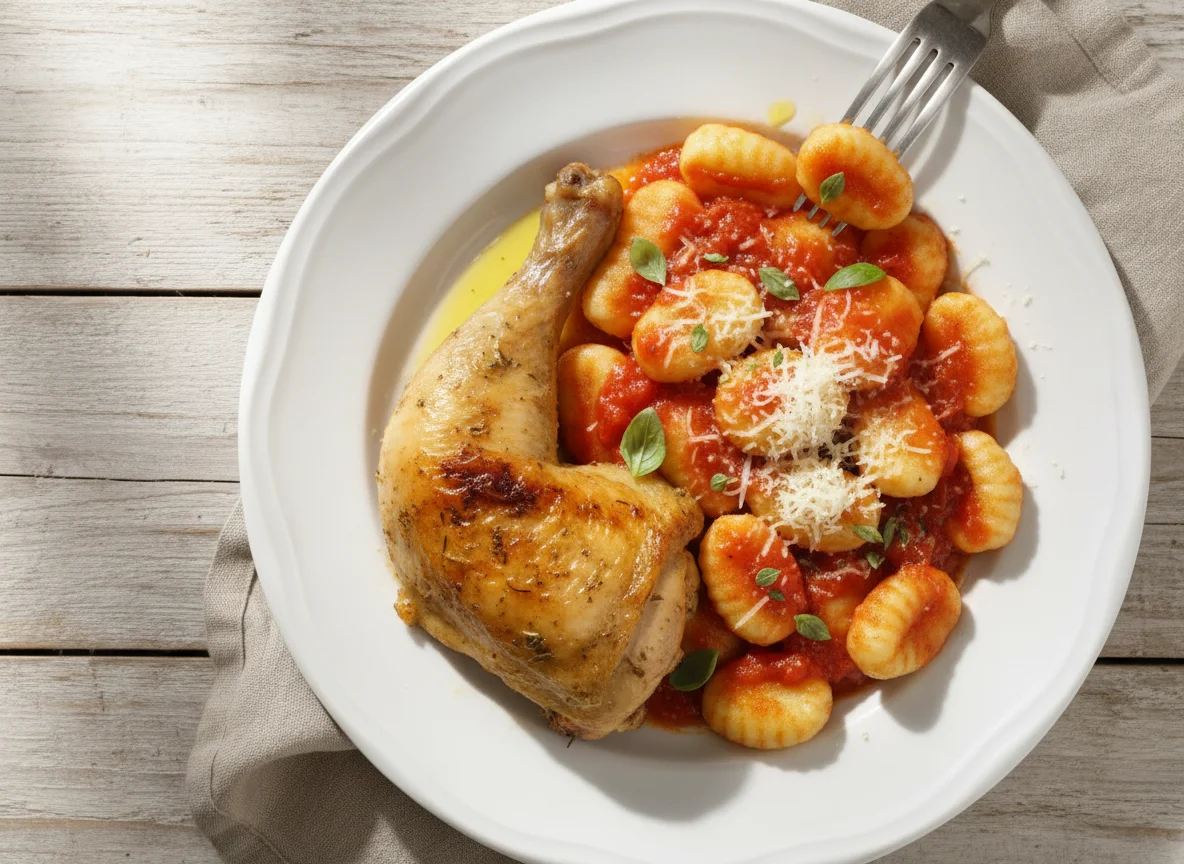 Frango assado com nhoque ao sugo photo